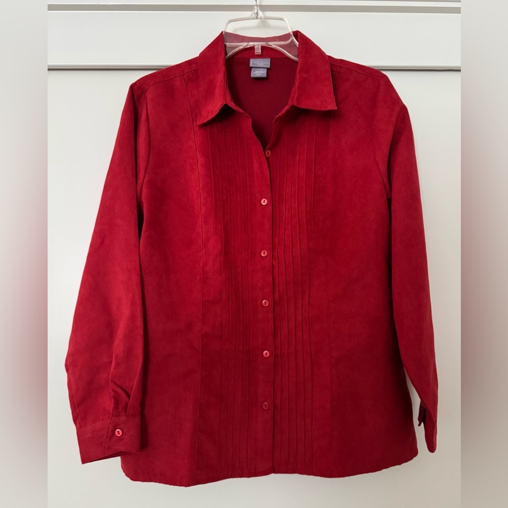 Laura Scott Vibrant Red Button Down Suede Feel Shirt Size L Petite